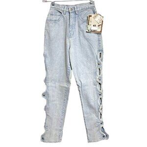 NWT Vintage 80s Stefano Heart Snap Peekaboo‎ Leg Acid Wash Denim Jeans Sz 8
